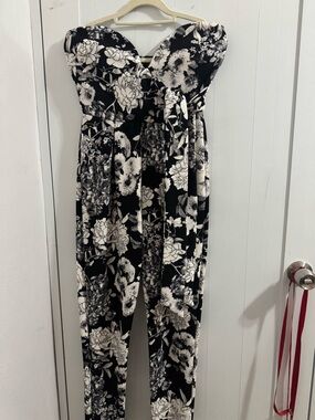 Trac Black and White Floral Strapless Jumpsuit